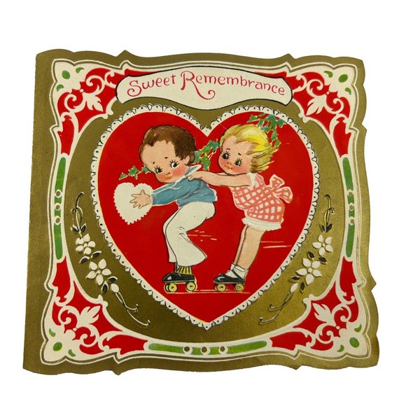 Vintage Valentines Greeting Card Embossed Roller Skates Heart Boy Girl Ephemera - Picture 1 of 11